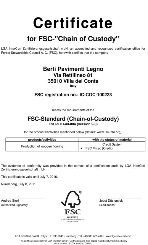 Berti Pavimenti Legno riceve la Certificazione della catena di custodia (Chain Of Custody)